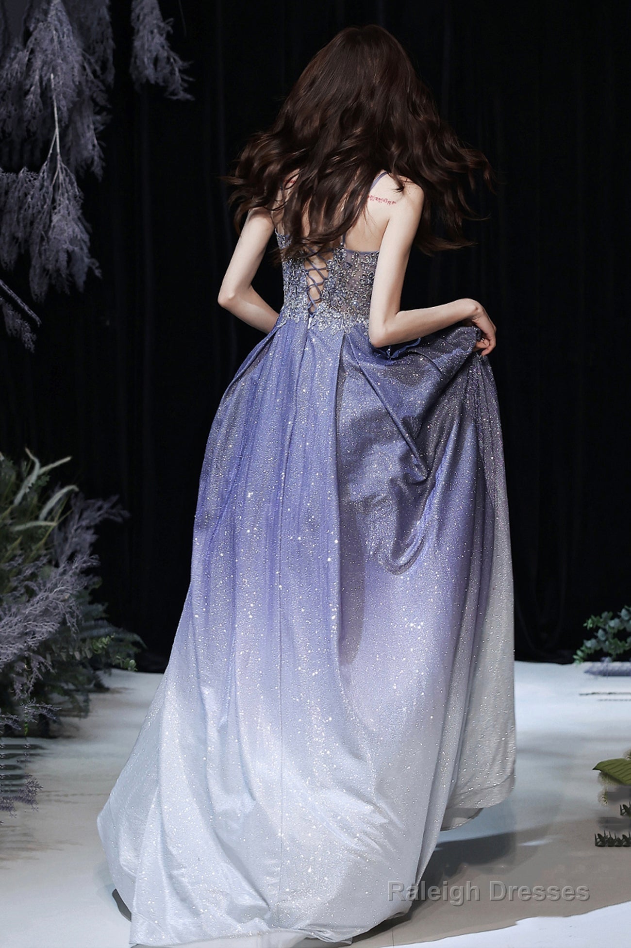 Purple V-Neck Lace Long Prom Dress, Purple Gradient Party Dress With Pockets