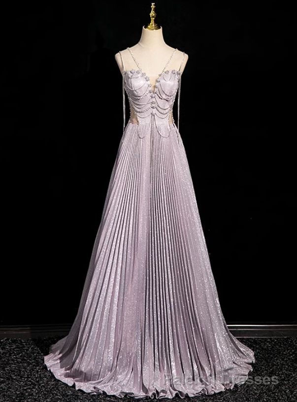 Purple V-neck Straps Beading Prom Dress Main image