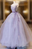 Purple V Neck Tulle Lace Long Prom Dresses Purple Prom Sweet 16 Dresses