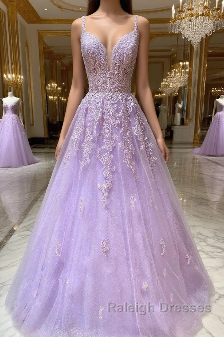 Purple v neck tulle lace long prom dress purple lace formal dress Main image
