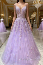 Purple v neck tulle lace long prom dress purple lace formal dress