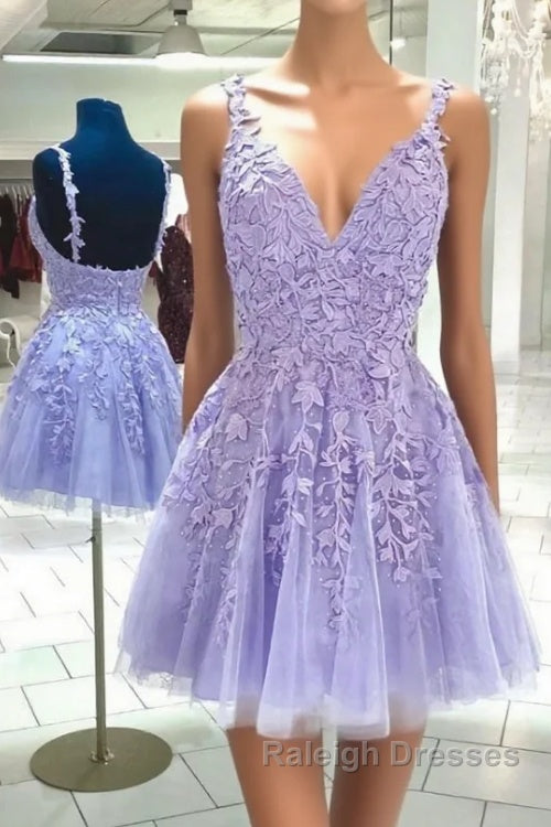 Purple v neck tulle lace short prom dress lace cocktail dress