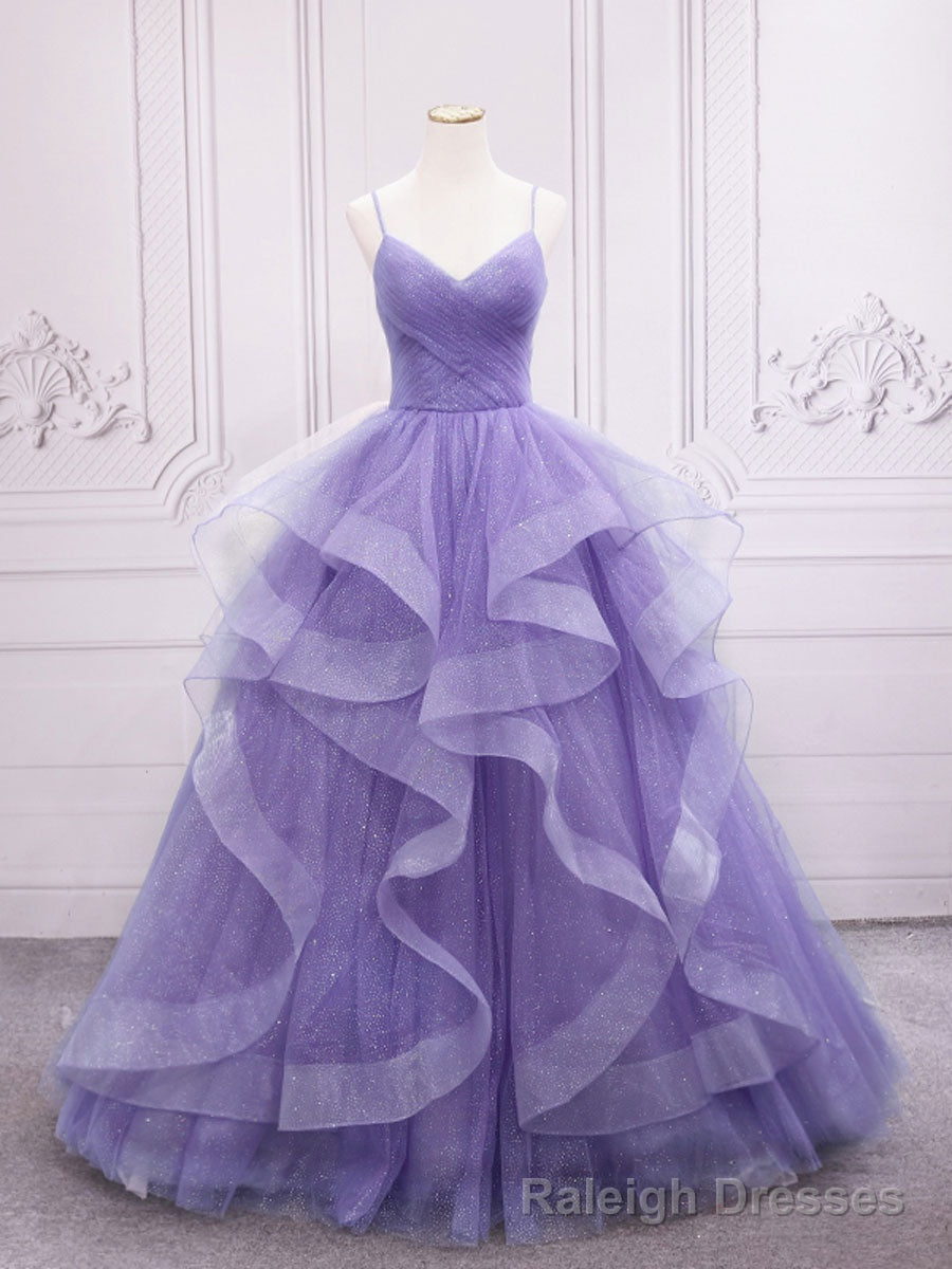 Purple v neck Tulle Long Prom Dress, Purple Sweet 16 Dress Main image
