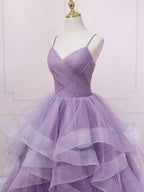 Purple V Neck Tulle Long Prom Dress, Purple Tulle Formal Party Dress