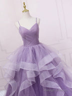 Purple V Neck Tulle Long Prom Dress, Purple Tulle Formal Party Dress