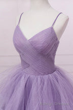 Purple V Neck Tulle Long Prom Dress, Spaghetti Straps A Line Prom Dress