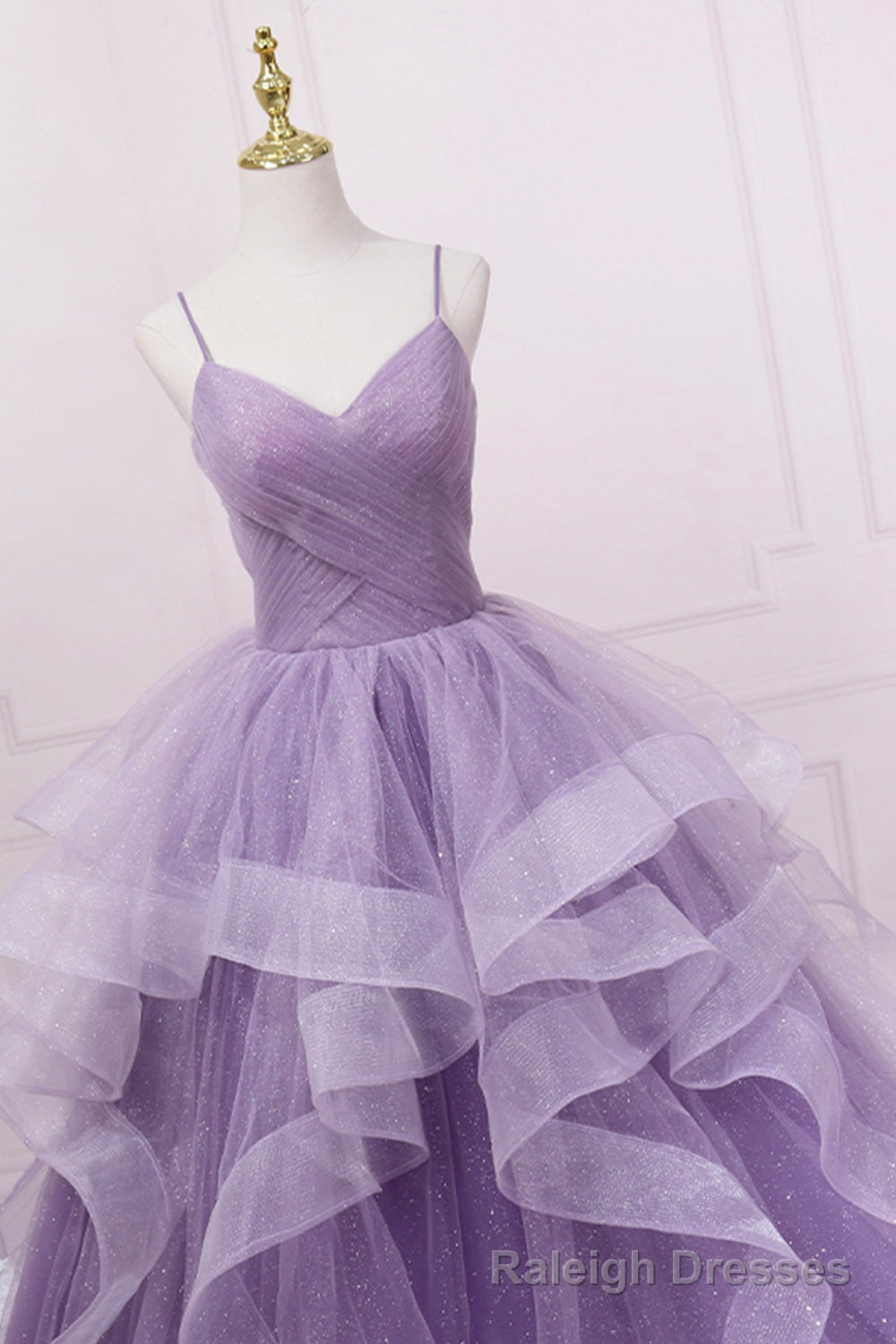 Purple V Neck Tulle Long Prom Dress, Spaghetti Straps A Line Prom Dress