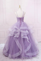 Purple V Neck Tulle Long Prom Dress, Spaghetti Straps A Line Prom Dress