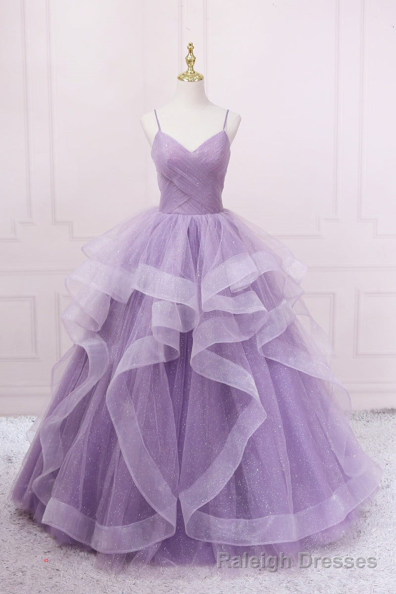 Purple V-Neck Tulle Long Prom Dress, Spaghetti Straps A-Line Evening Dress Main image