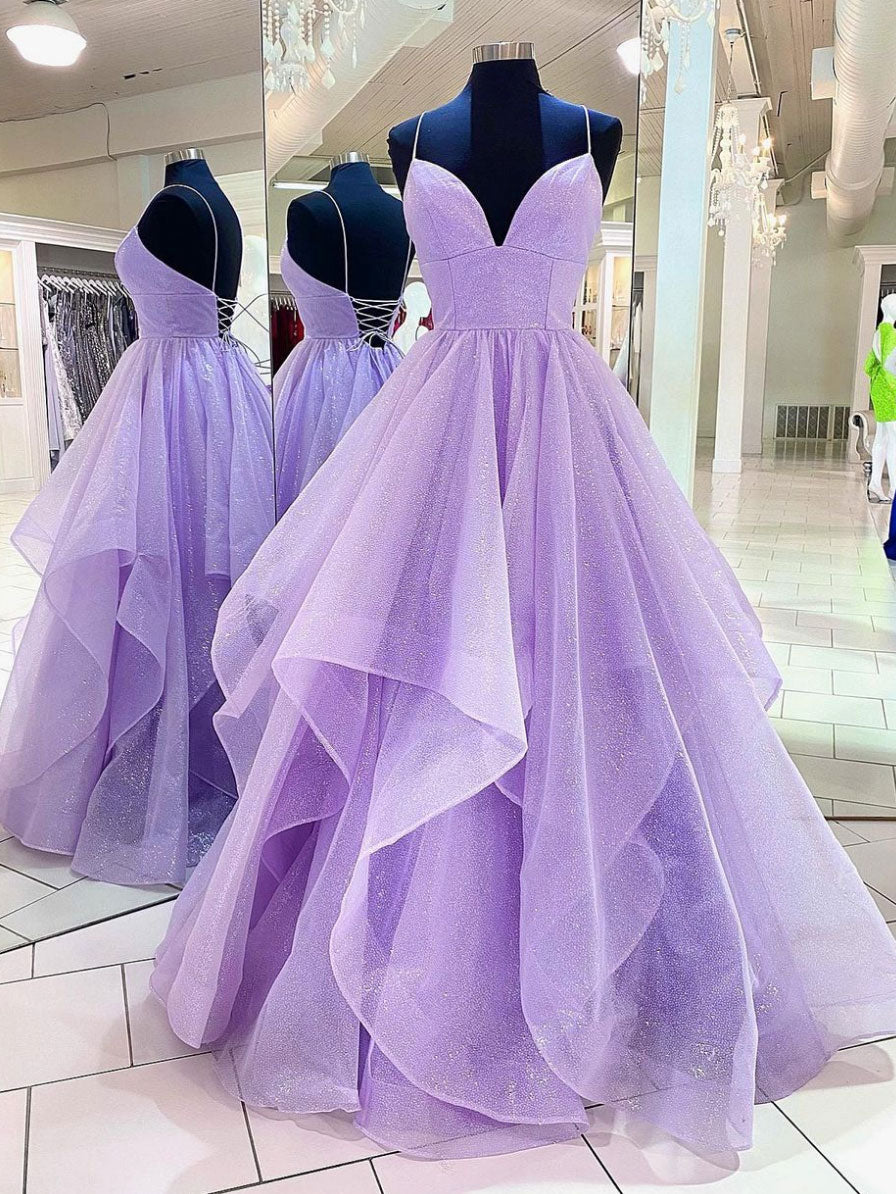 Purple V Neck Tulle Sequin Long Formal Prom Dress, Purple Prom Dress Main image