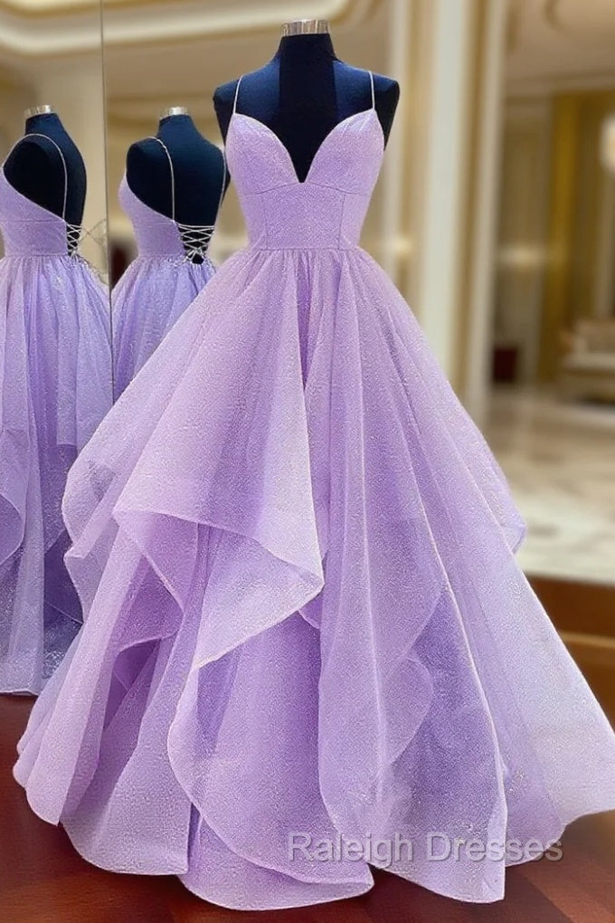 Purple V Neck Tulle Sequin Long Prom Dress, Purple Evening Dress Main image