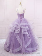 Purple V Neck Tulle Sequin Long Prom Dress Purple Tulle Formal Party Dress