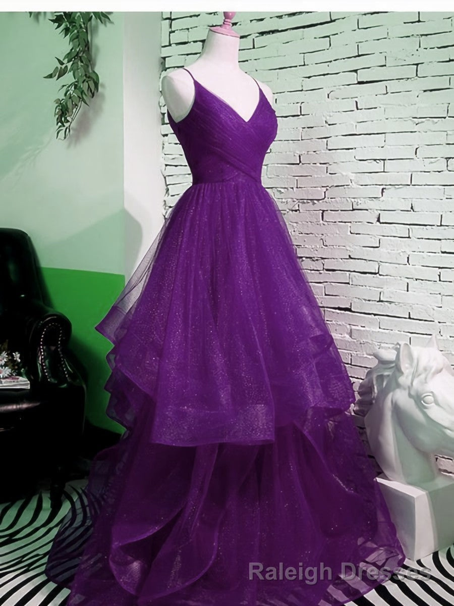 Purple V-neckline Straps Layers Tulle Party Gown, Purple Evening Dress Main image