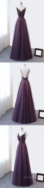 Purple V Neckline Tulle Lace Applique Prom Dress, Purple Formal Dress Prom Dress
