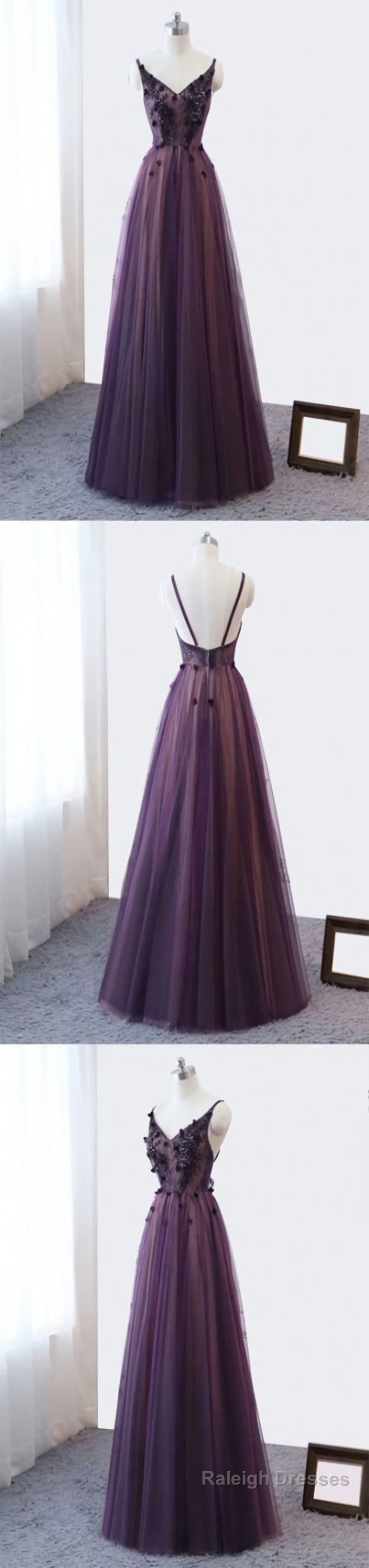 Purple V Neckline Tulle Lace Applique Prom Dress, Purple Formal Dress Prom Dress