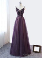 Purple V Neckline Tulle Lace Applique Prom Dress, Purple Formal Dress Prom Dress