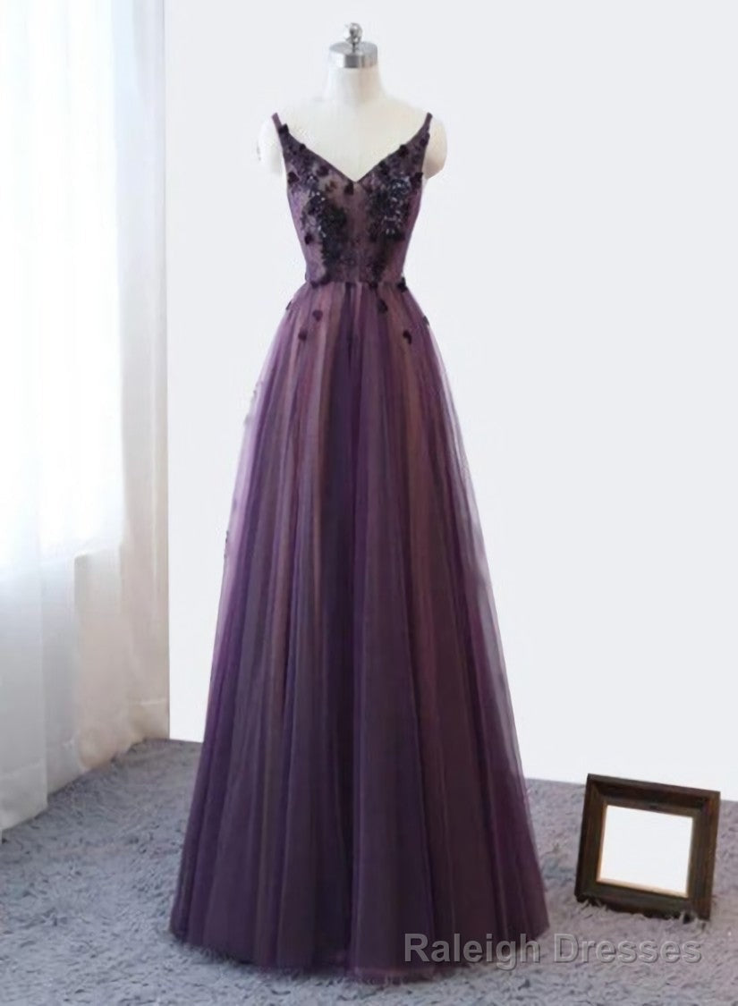 Purple V Neckline Tulle Lace Applique Prom Dress, Purple Formal Dress Prom Dress