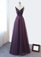 Purple V-neckline Tulle Lace Applique Party Dress, Purple Formal Dress Prom Dress
