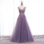 Purple V-neckline Tulle with Lace Floor Length Party Dress Evening Dress,Purple Prom Dress