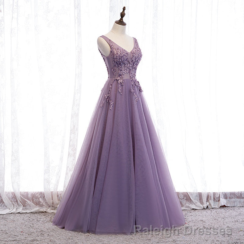 Purple V-neckline Tulle with Lace Floor Length Party Dress Evening Dress,Purple Prom Dress Main image