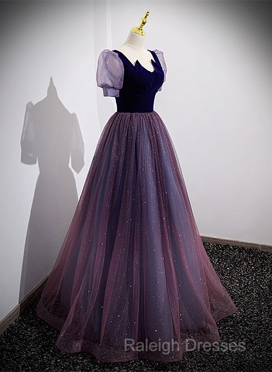 Purple Velvet And Tulle Short Sleeves Evening Dress, Purple A-Line Formal Dress Prom Dress