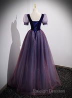 Purple Velvet And Tulle Short Sleeves Evening Dress, Purple A-Line Formal Dress Prom Dress