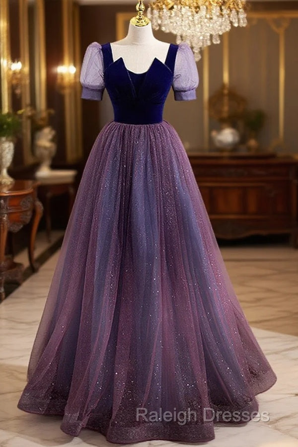 Purple Velvet And Tulle Short Sleeves Evening Dress, Purple A-Line Formal Dress Prom Dress