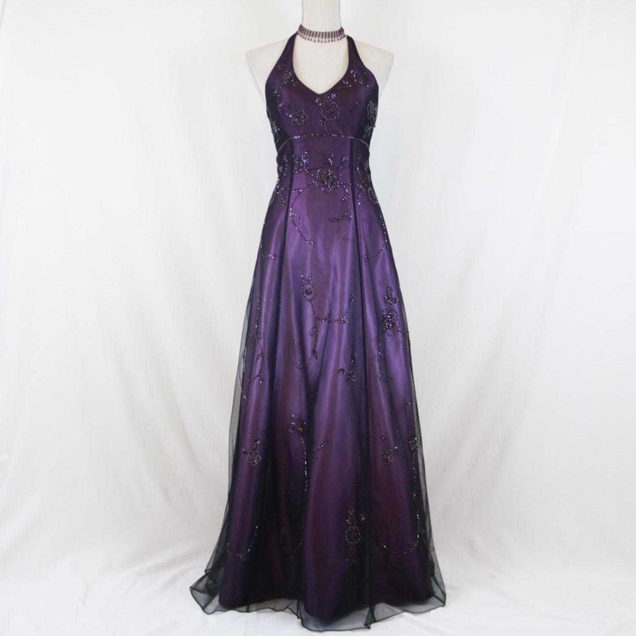 Purple Vintage Fashion Ombre Beaded Empire Waist Halter Long Elegant Prom Gown Evening Gown Party Dress