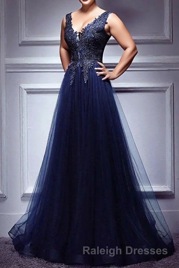 Dark Blue Lace V Neck Long Prom Dress, Lace Evening Dress Main image