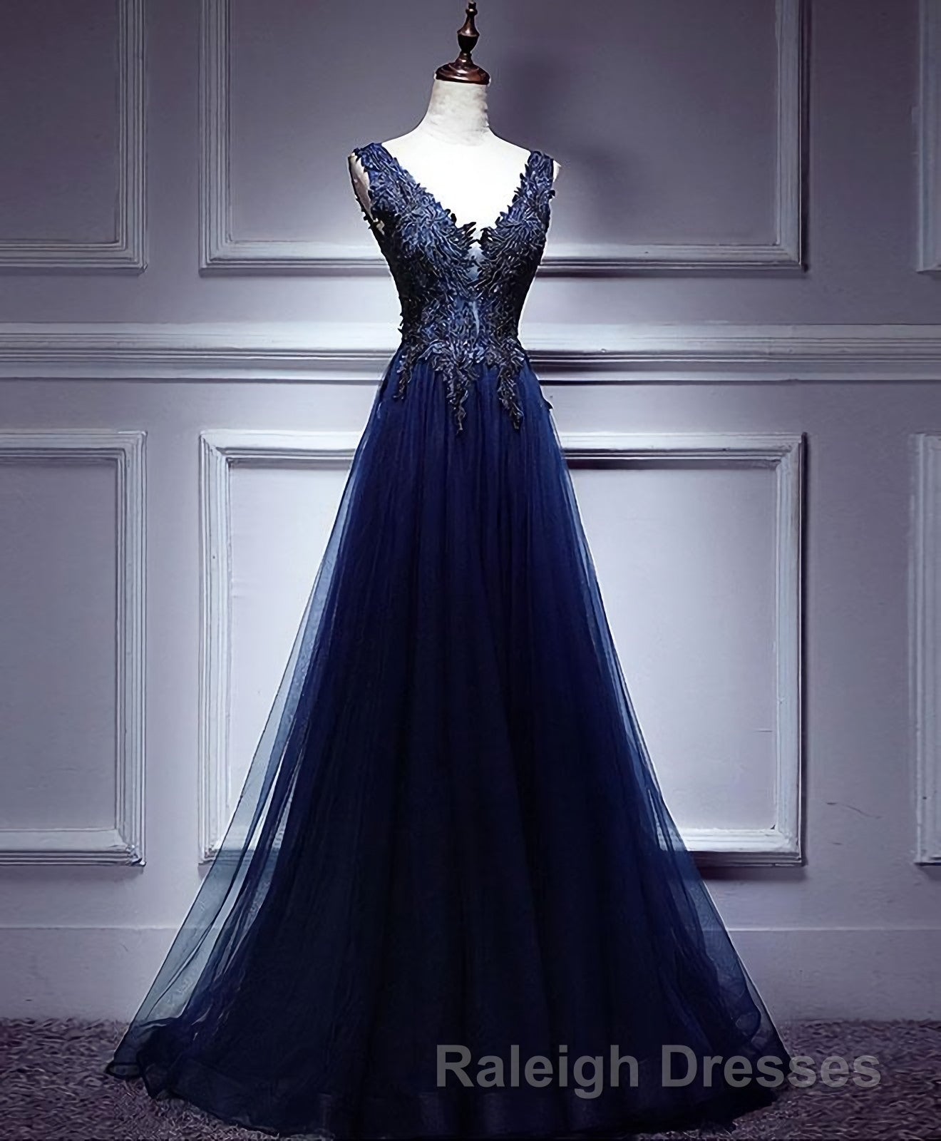 Dark Blue Lace V Neck Long Prom Dress, Lace Evening Dress Secondary image