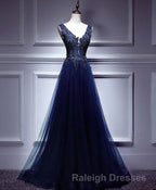 Dark Blue Lace V Neck Long Prom Dress, Lace Evening Dress