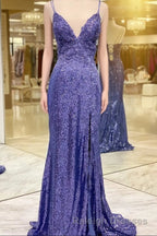 Mermaid Purples Sequins Long Prom Dress with Slit