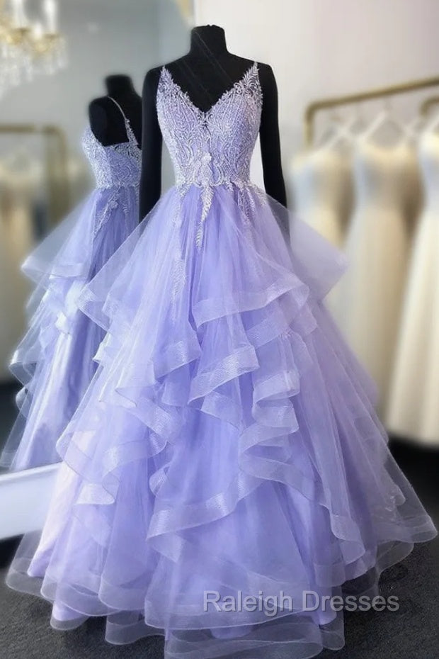 Purpler V Neck Tulle Lace Beads Long Prom Dress Tulle Formal Dress Main image