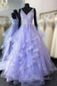 Purpler V Neck Tulle Lace Beads Long Prom Dress Tulle Formal Dress