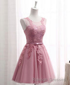 Pink Round Neck Lace Tulle Prom Dress, Lace Evening Dresses
