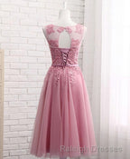 Pink Round Neck Lace Tulle Prom Dresses Lace Prom Dress