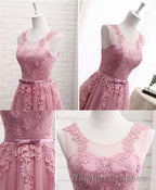 Pink Round Neck Lace Tulle Prom Dress, Lace Evening Dresses