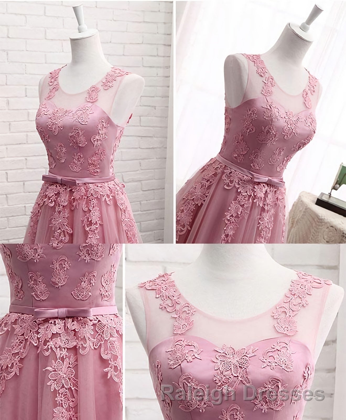 Pink Round Neck Lace Tulle Prom Dress, Lace Evening Dresses