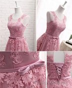 Pink Round Neck Lace Tulle Prom Dress, Lace Evening Dresses