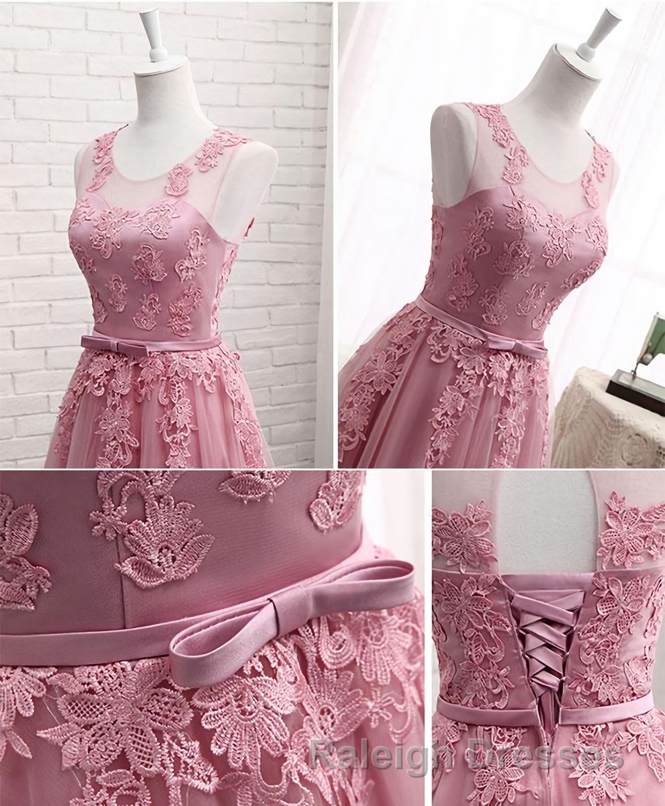 Pink Round Neck Lace Tulle Prom Dress, Lace Evening Dresses