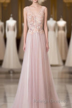 Pink V Neck Lace Long Prom Dress, Cheap Evening Dress