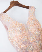 Pink V Neck Lace Long Prom Dresses Cheap Prom Dresses