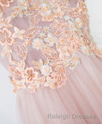 Pink V Neck Lace Long Prom Dress, Cheap Evening Dress