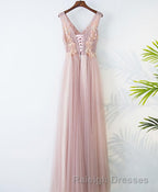 Pink V Neck Lace Long Prom Dresses Cheap Prom Dresses