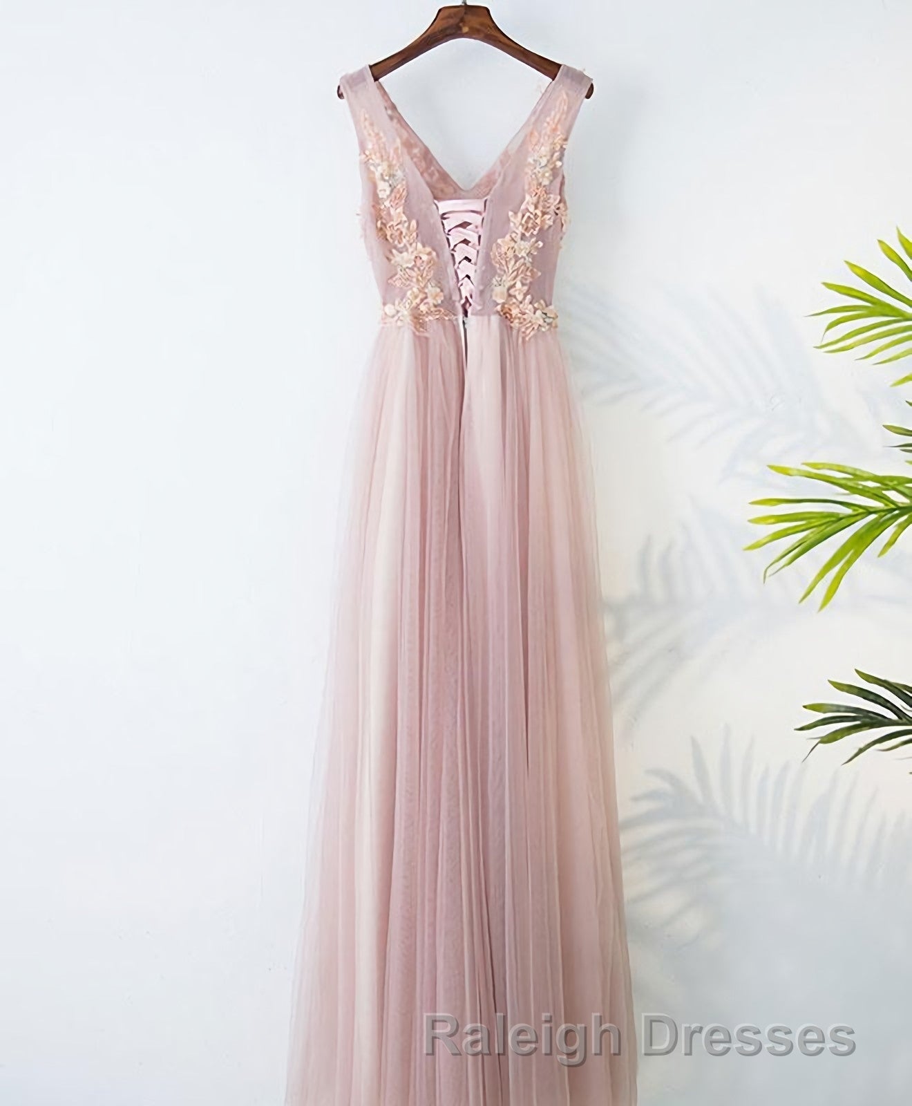 Pink V Neck Lace Long Prom Dresses Cheap Prom Dresses