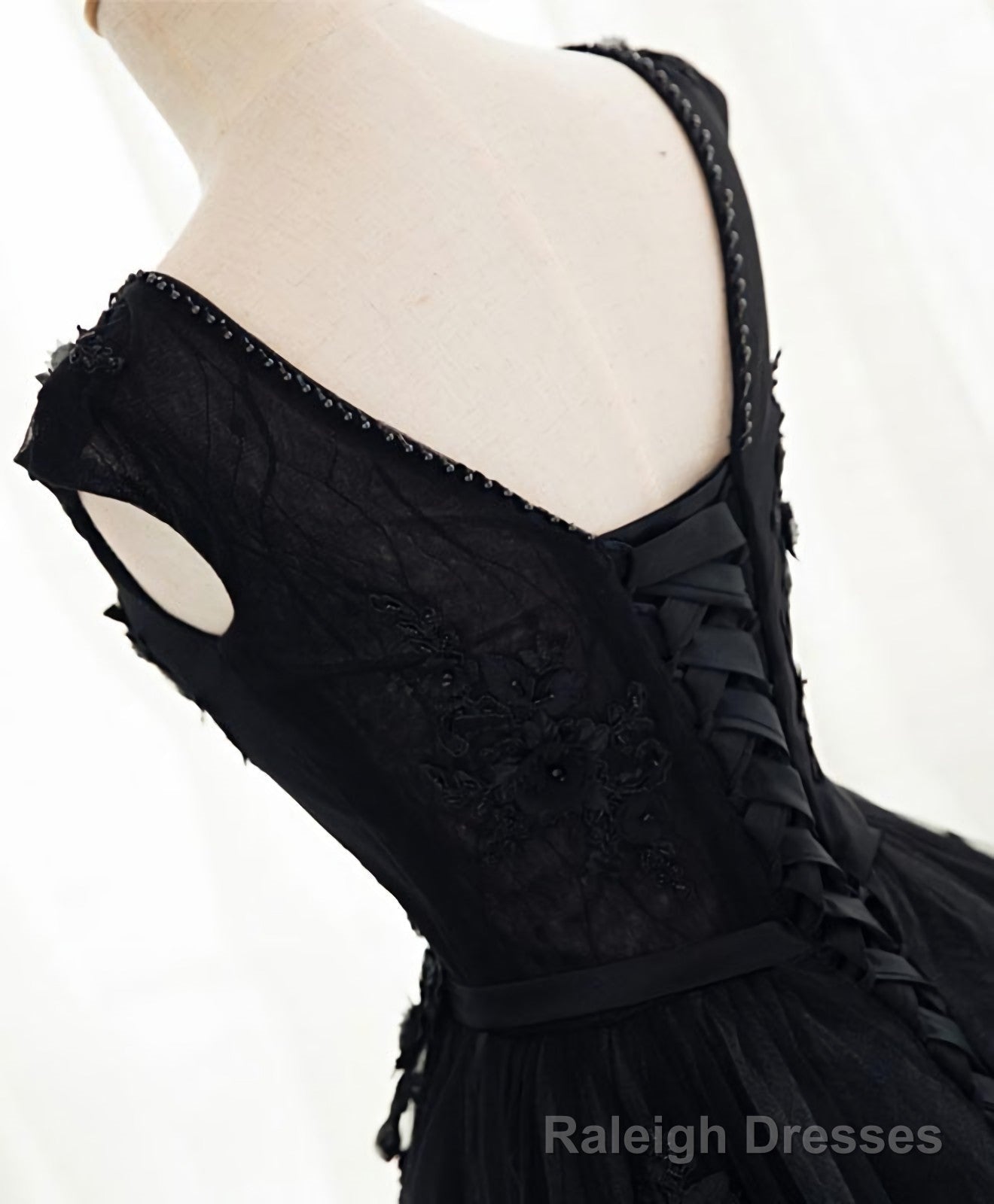 Black A Line Tulle Lace Long Prom Dress, Prom Dress