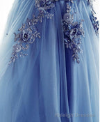 Blue A Line Tulle Lace Long Prom Dress, Evening Dress