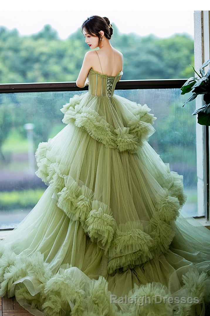 Princess Spaghetti Straps Green Tulle Long  Dress A line Tiered Formal Dress