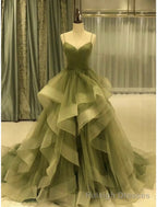 A Line Prom Dresses Elegant Dress Formal Court Train Sleeveless Spaghetti Strap Tulle with Pleats Ruffles Masquerade Dress