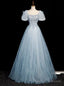 Queenly Blue Tulle Sequins Puff Sleeve Beading Prom Dress